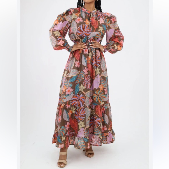 Fate Dresses & Skirts - New FATE Spring Floral Tropical Vibrant Flowy Maxi Dress Puff Long Sleeve small